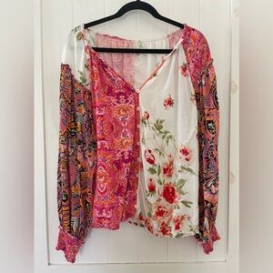 Boho Patchwork Floral Button-Front Women's Blouse - Pink/White Sz M